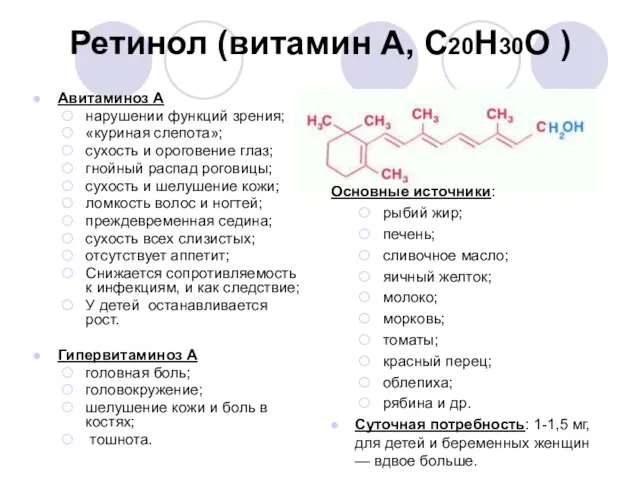 Ретинол (витамин А, C20H30O ) Авитаминоз А нарушении функций зрения; «куриная слепота»;