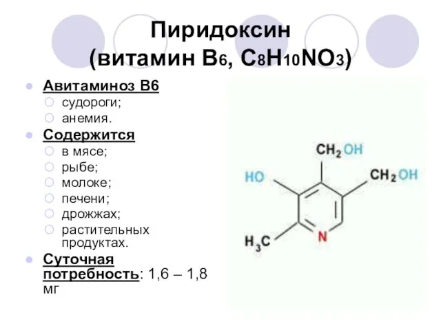 Пиридоксин (витамин В6, С8Н10NО3) Авитаминоз В6 судороги; анемия. Содержится в мясе; рыбе;