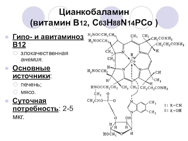Цианкобаламин (витамин В12, С63Н88N14РСо ) Гипо- и авитаминоз В12 злокачественная анемия. Основные