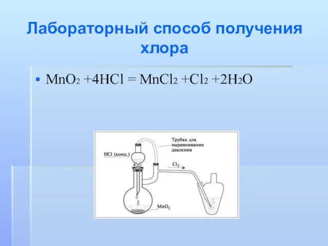 Лабораторный способ получения хлора MnO2 +4HCl = MnCl2 +Cl2 +2H2O