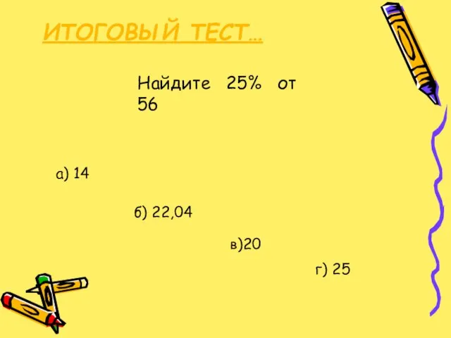 ИТОГОВЫЙ ТЕСТ… Найдите 25% от 56 б) 22,04 а) 14 в)20 г) 25