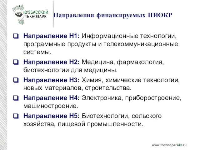 Направления финансируемых НИОКР Направление Н1: Информационные технологии, программные продукты и телекоммуникационные системы.