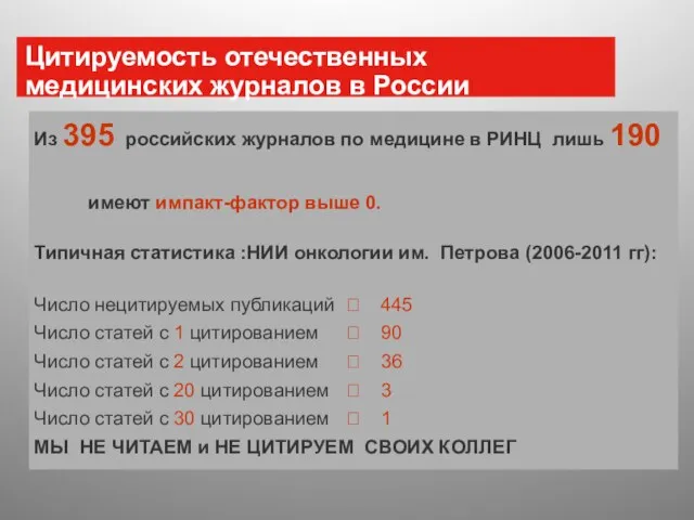 Цитируемость отечественных медицинских журналов в России Из 395 российских журналов по медицине