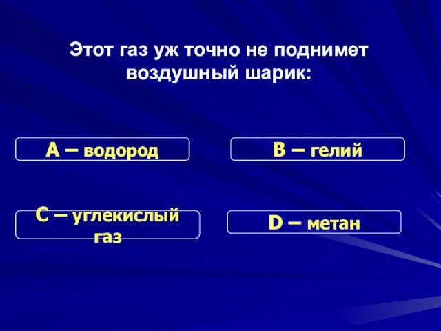 Этот газ уж точно не поднимет воздушный шарик: С – углекислый газ