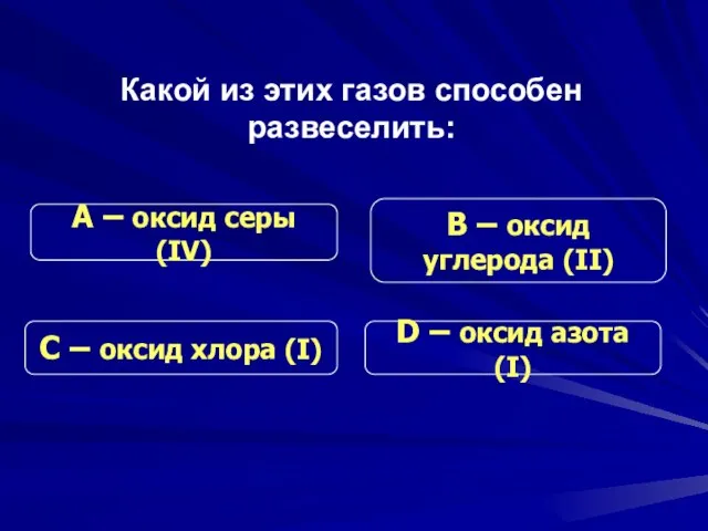 Какой из этих газов способен развеселить: С – оксид хлора (I) В