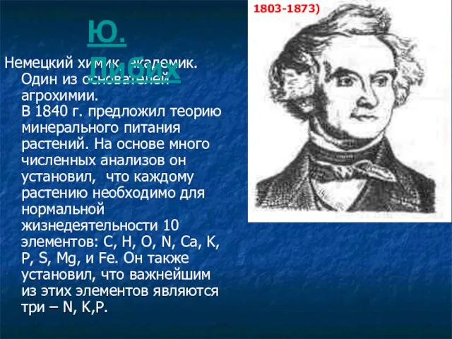 Немецкий химик, академик. Один из основателей агрохимии. В 1840 г. предложил теорию