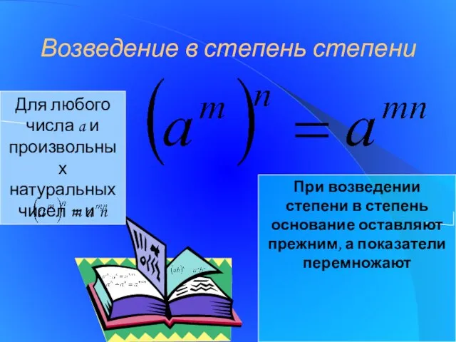 Возведение в степень степени Для любого числа a и произвольных натуральных чисел