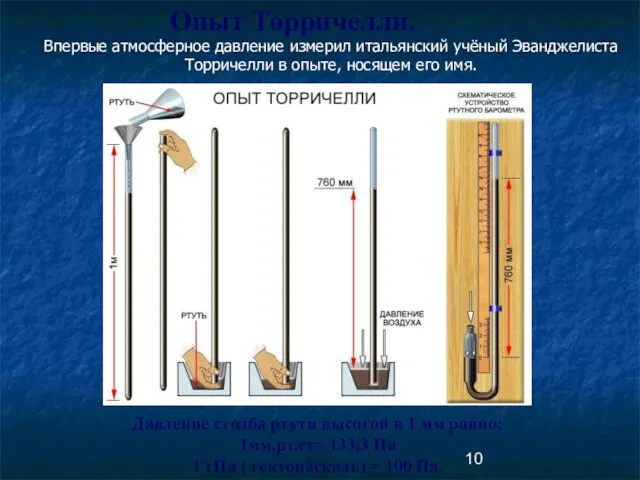 Опыт Торричелли. Впервые атмосферное давление измерил итальянский учёный Эванджелиста Торричелли в опыте,