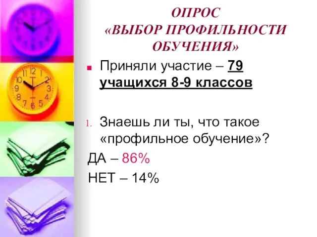 ОПРОС «ВЫБОР ПРОФИЛЬНОСТИ ОБУЧЕНИЯ» Приняли участие – 79 учащихся 8-9 классов Знаешь