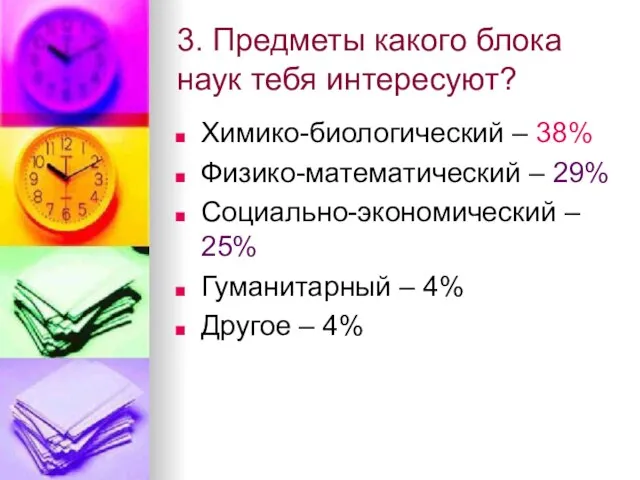 3. Предметы какого блока наук тебя интересуют? Химико-биологический – 38% Физико-математический –