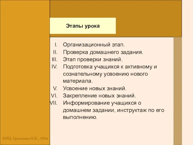 МРЦ, Ермолаева И.В., 2006г Этапы урока Организационный этап. Проверка домашнего задания. Этап