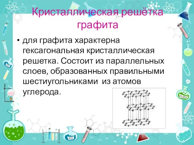 Кристаллическая решётка графита для графита характерна гексагональная кристаллическая решетка. Состоит из параллельных