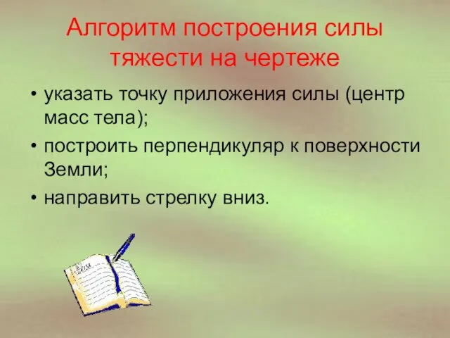 Алгоритм построения силы тяжести на чертеже указать точку приложения силы (центр масс