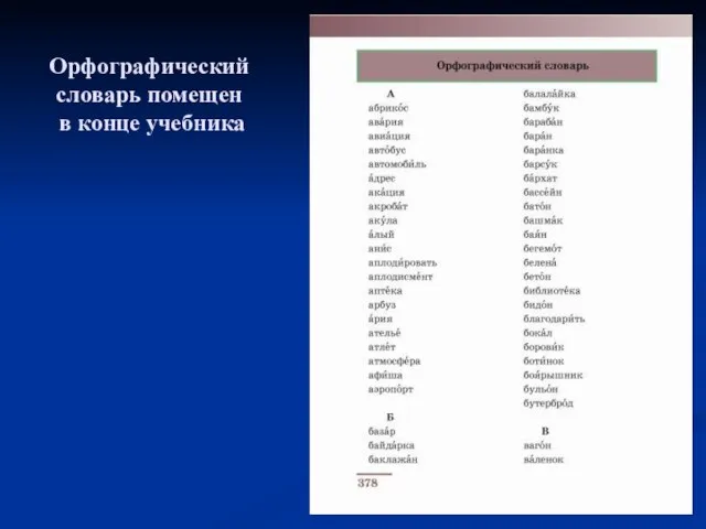 Орфографический словарь помещен в конце учебника