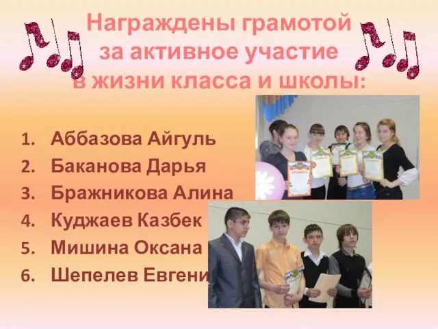 Награждены грамотой за активное участие в жизни класса и школы: Аббазова Айгуль