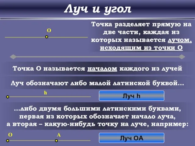 Луч и угол O Точка разделяет прямую на две части, каждая из