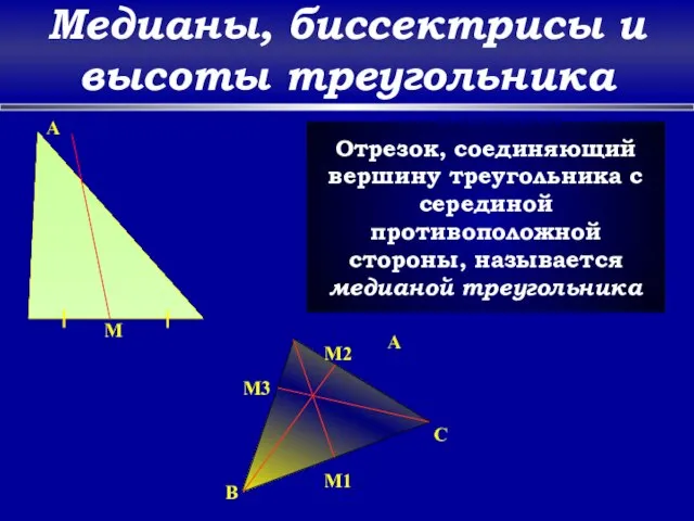 Медианы, биссектрисы и высоты треугольника A M Отрезок, соединяющий вершину треугольника с