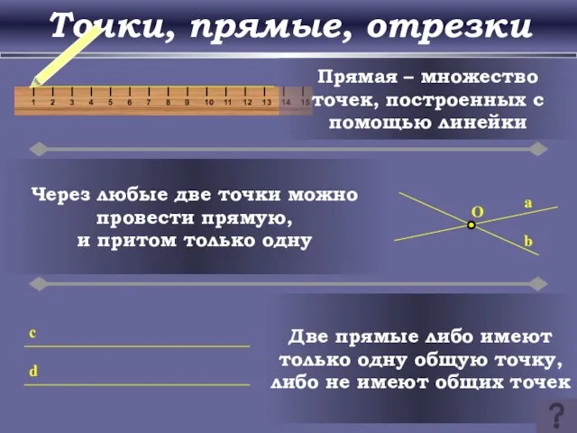 Точки, прямые, отрезки Прямая – множество точек, построенных с помощью линейки Через