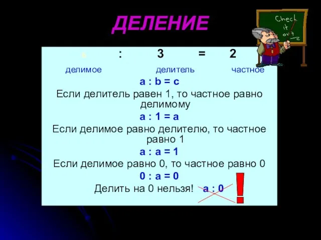 ДЕЛЕНИЕ : 3 = 2 делимое делитель частное a : b =