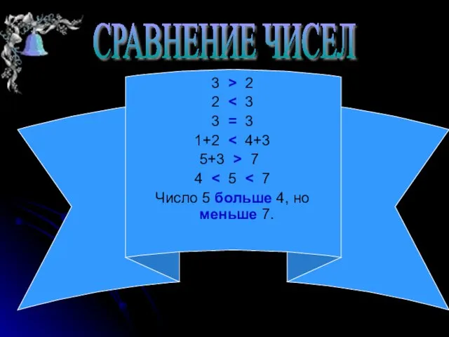 СРАВНЕНИЕ ЧИСЕЛ 3 > 2 2 3 = 3 1+2 5+3 >