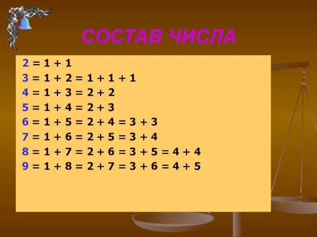 СОСТАВ ЧИСЛА 2 = 1 + 1 3 = 1 + 2