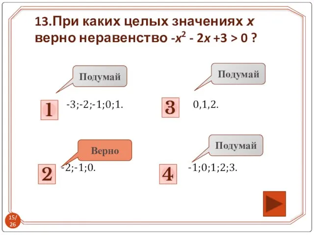 -3;-2;-1;0;1. 0,1,2. -2;-1;0. -1;0;1;2;3. 2 Подумай 3 Подумай 1 4 Подумай Верно