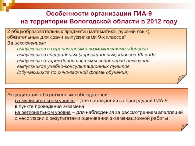 * Особенности организации ГИА-9 на территории Вологодской области в 2012 году 2