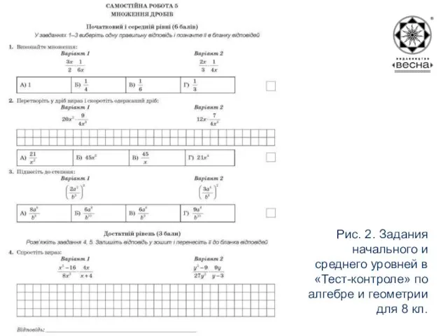 Рис. 2. Задания начального и среднего уровней в «Тест-контроле» по алгебре и геометрии для 8 кл.