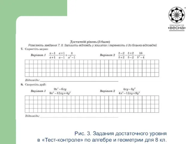 Рис. 3. Задания достаточного уровня в «Тест-контроле» по алгебре и геометрии для 8 кл.