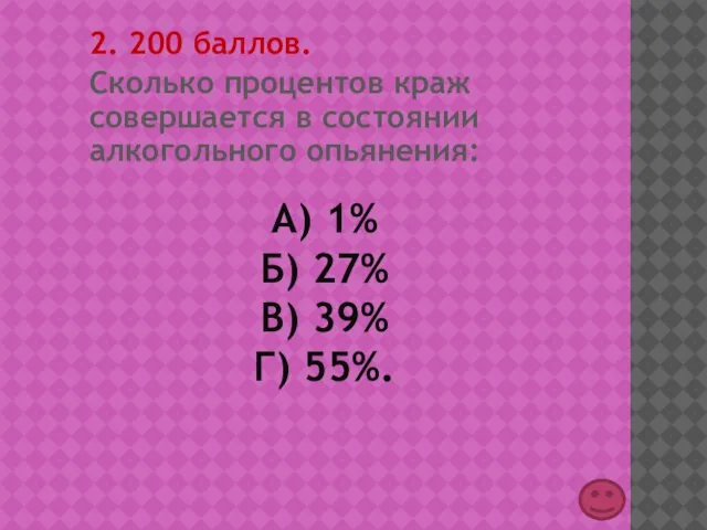 А) 1% Б) 27% В) 39% Г) 55%. 2. 200 баллов. Сколько