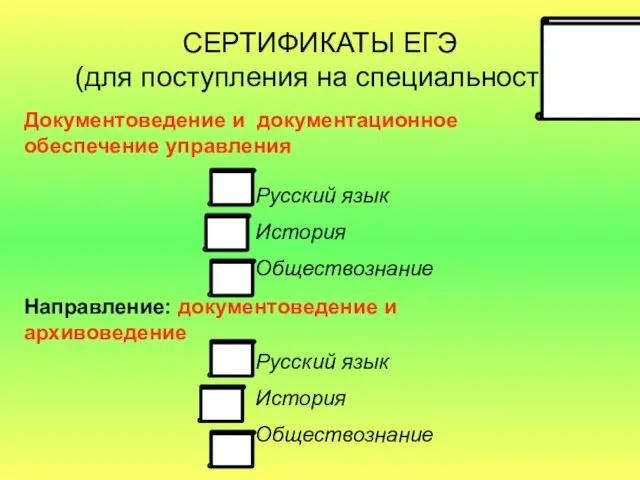 СЕРТИФИКАТЫ ЕГЭ (для поступления на специальности) Документоведение и документационное обеспечение управления Русский
