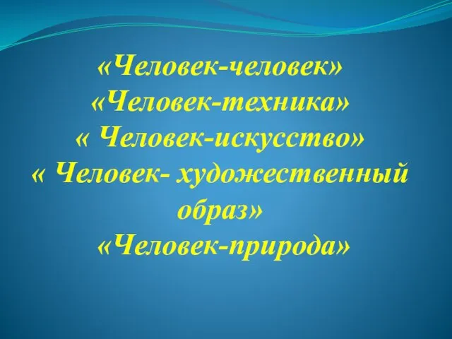 «Человек-человек» «Человек-техника» « Человек-искусство» « Человек- художественный образ» «Человек-природа»