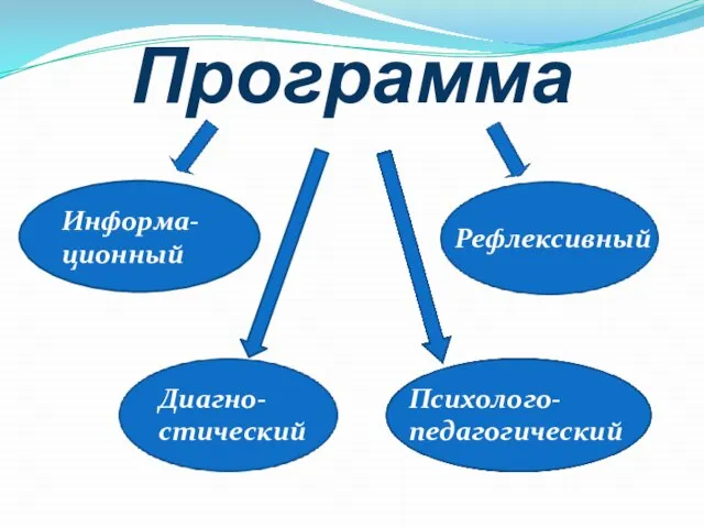 Программа Информа- ционный Диагно- стический Рефлексивный Психолого- педагогический