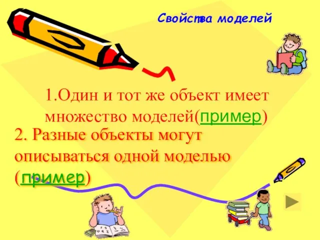 2. Разные объекты могут описываться одной моделью (пример) Свойства моделей 1.Один и