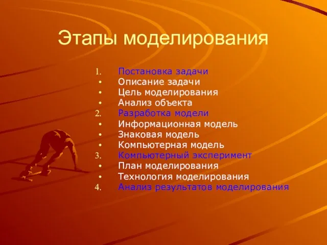 Этапы моделирования Постановка задачи Описание задачи Цель моделирования Анализ объекта Разработка модели