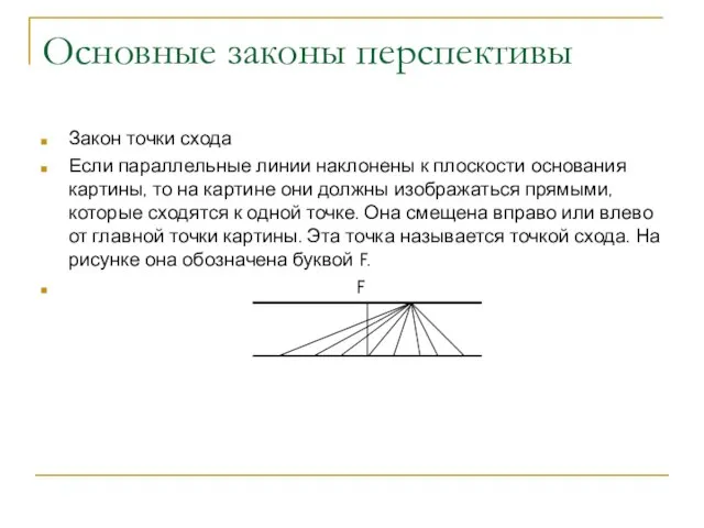 Основные законы перспективы Закон точки схода Если параллельные линии наклонены к плоскости