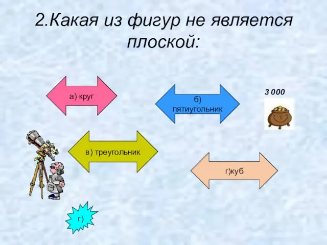 2.Какая из фигур не является плоской: а) круг б) пятиугольник в) треугольник г)куб г) 3 000