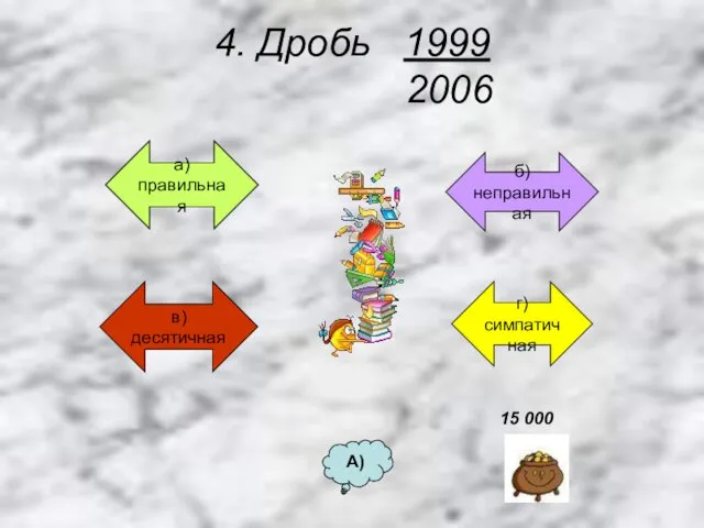 4. Дробь 1999 2006 а) правильная в)десятичная б)неправильная г) симпатичная А) 15 000