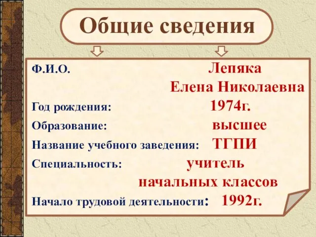 Общие сведения Ф.И.О. Лепяка Елена Николаевна Год рождения: 1974г. Образование: высшее Название