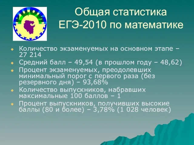 Общая статистика ЕГЭ-2010 по математике Количество экзаменуемых на основном этапе – 27