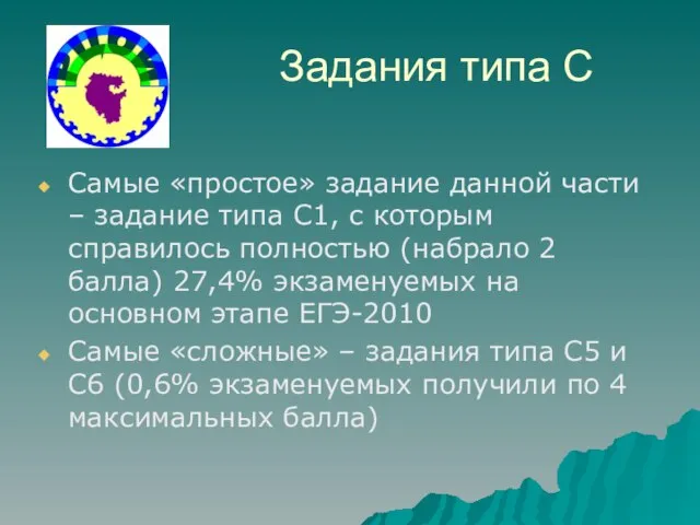 Задания типа С Самые «простое» задание данной части – задание типа С1,