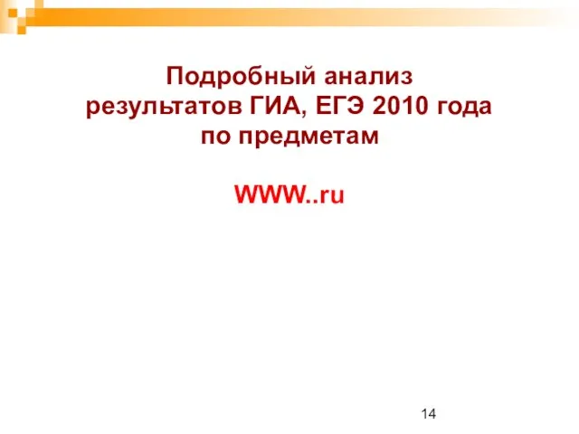 Подробный анализ результатов ГИА, ЕГЭ 2010 года по предметам WWW..ru