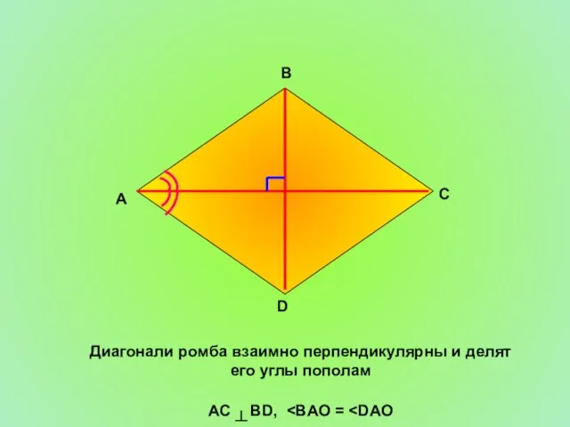 Диагонали ромба взаимно перпендикулярны и делят его углы пополам AC ┴ BD, A D C B