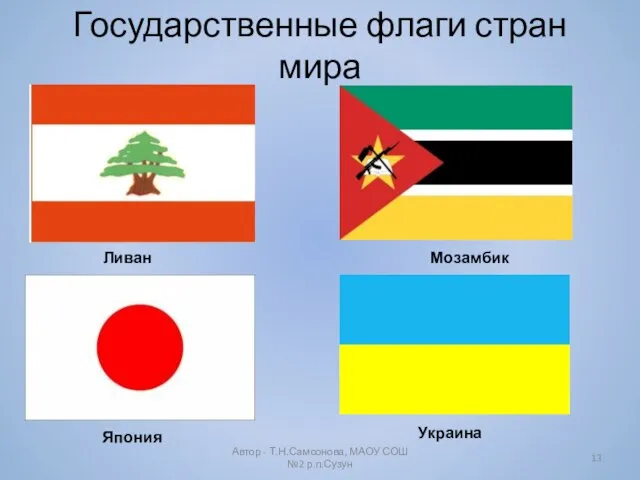 Государственные флаги стран мира Автор - Т.Н.Самсонова, МАОУ СОШ №2 р.п.Сузун Ливан Мозамбик Япония Украина