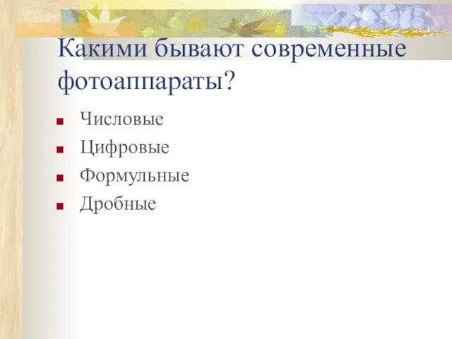 Какими бывают современные фотоаппараты? Числовые Цифровые Формульные Дробные