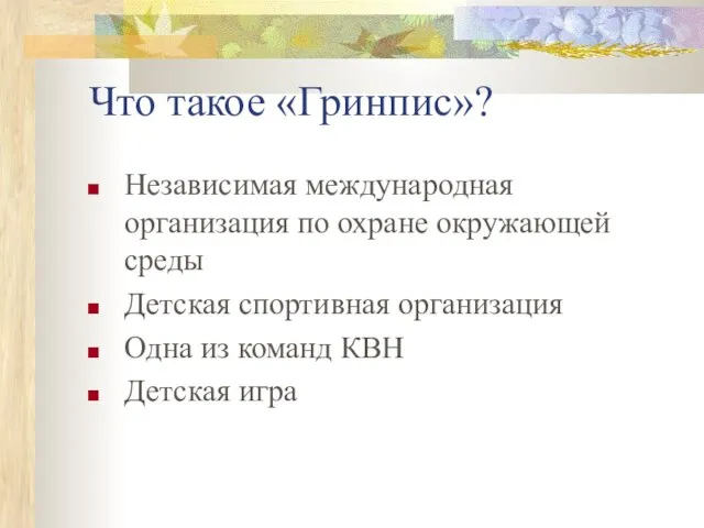 Что такое «Гринпис»? Независимая международная организация по охране окружающей среды Детская спортивная