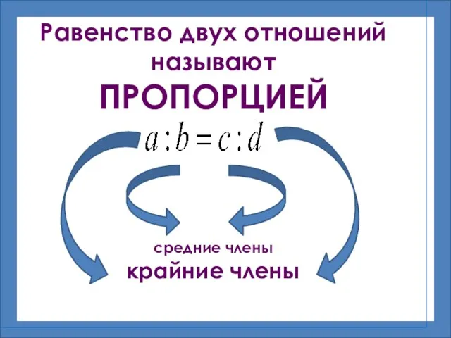 Равенство двух отношений называют ПРОПОРЦИЕЙ средние члены крайние члены