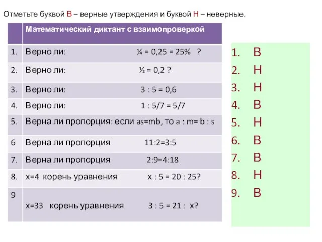 В Н Н В Н В В Н В Отметьте буквой В