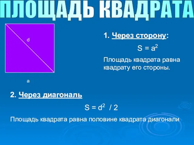 ПЛОЩАДЬ КВАДРАТА a 1. Через сторону: S = a2 Площадь квадрата равна