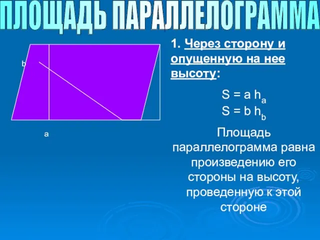 ПЛОЩАДЬ ПАРАЛЛЕЛОГРАММА a b 1. Через сторону и опущенную на нее высоту: